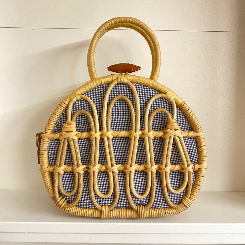 Anthropologie | NWOT Mini Rattan Suitcase Satchel Purse Basket Bag Blue Gingham - Picture 3 of 10
